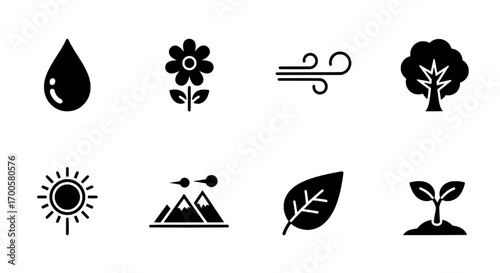 Aesthetic Collection of Fundamental Nature and Environmental Icons in Black Silhouette Style