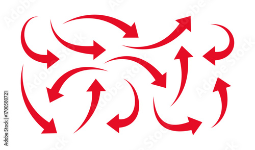 Red long curved arrow set pointing in multiple directions symbolizing movement, navigation, rotation, choice, decision making, workflow, process, and dynamic concept design.