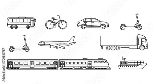 Collection of diverse transportation modes icons for modern travel and logistics, featuring land, air, and sea vehicles