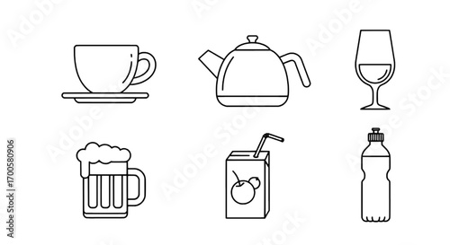 Drinks Icons Simple Line Art Set