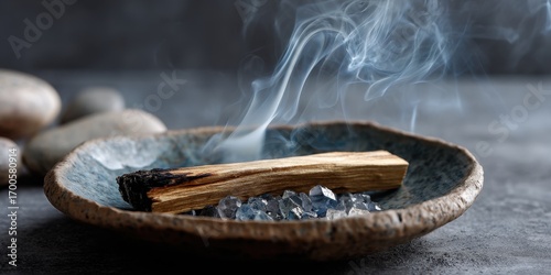Incense smoke rising from burning palo santo wood in stone bowl