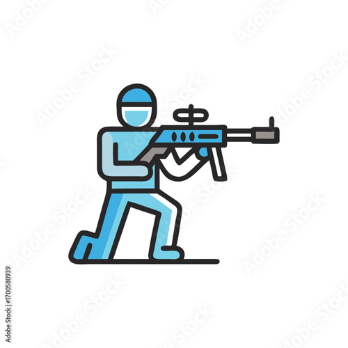 Outline of soldier aiming with rifle in blue and black design  