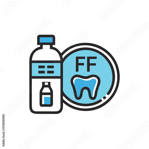 Fluoride-free dental care products with bottle and tooth symbol  