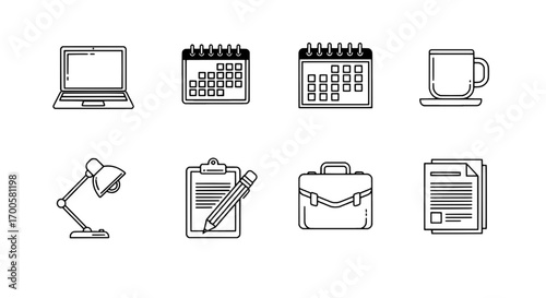 Essential Business and Office Icons Set for Productivity and Work Management in a Minimalist Style