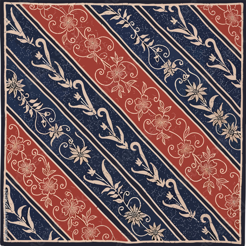 Elegant floral batik design with diagonal stripes in red and blue for textile art, patern seamless, Stock royalty free.