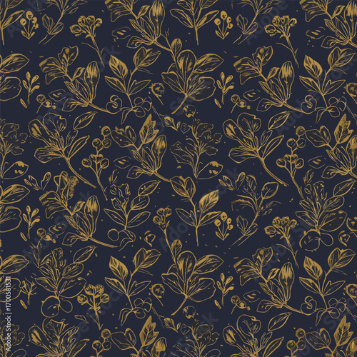 Elegant botanical pattern featuring golden leaves and berries on a dark blue backdrop, patern seamless, Stock royalty free.