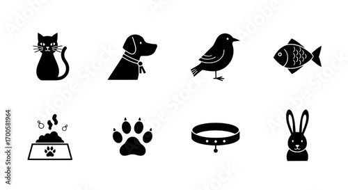 Stylish black silhouette icons of common pets and animals for modern digital designs
