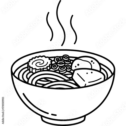Delicious bowl of ramen with noodles, broth, toppings, and steaming lines, ready to eat