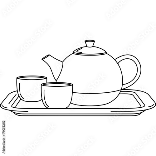 Simple line art drawing of a traditional tea set with a teapot and two cups on a tray, designed for a coloring book page or icon