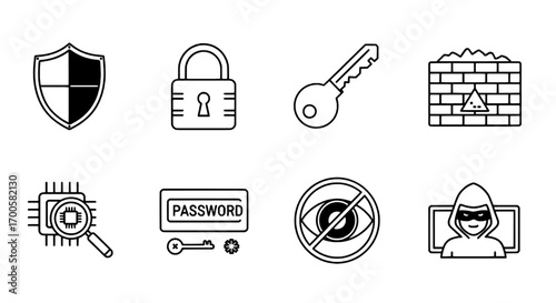 Outline Icons for Digital Security and Cyber Threat Protection