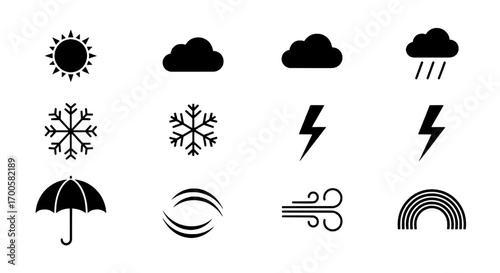 A versatile collection of minimalist weather forecast glyphs and symbols