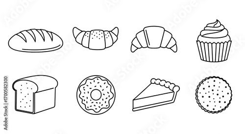 Collection of baked goods and pastries in outline style