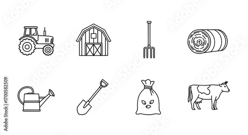 Farm Life Icons Set Agriculture and Rural Scene