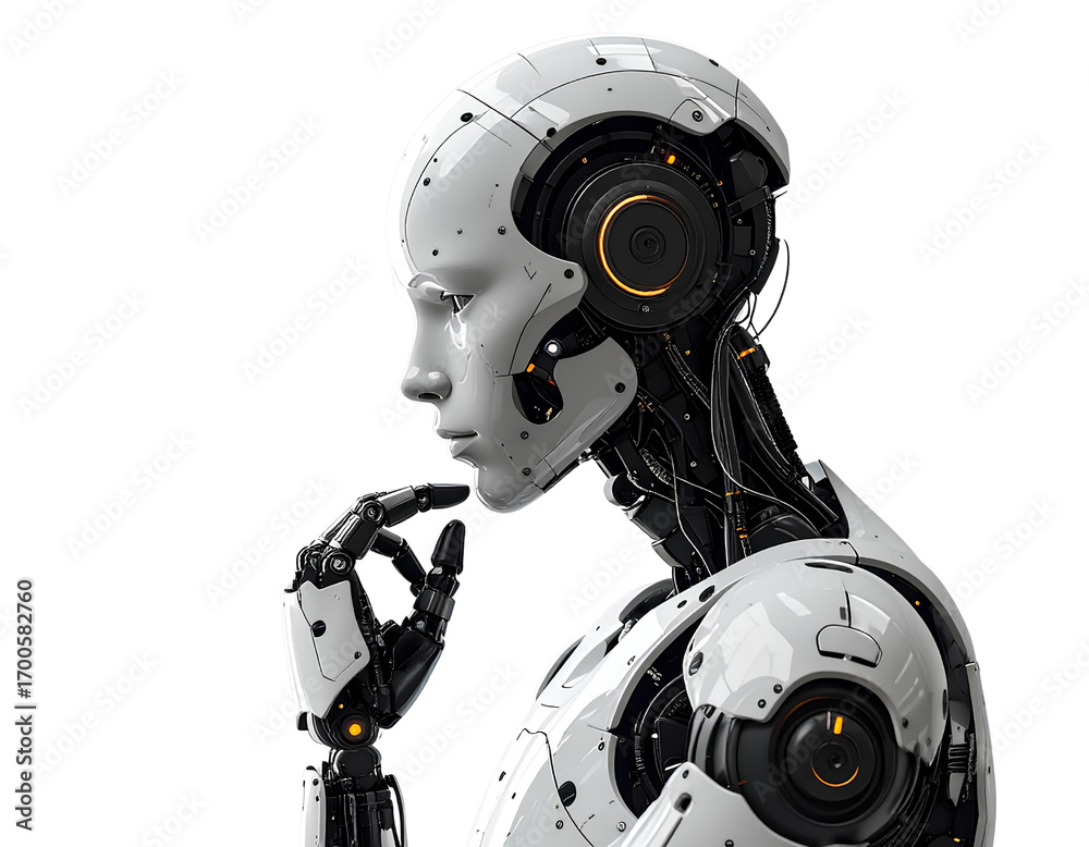 Fototapeta premium AI Robot Thinking, Side View, Isolated on a Transparent Background.
