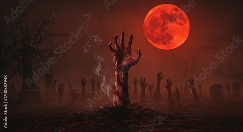 A zombie hand rises from the grave in a graveyard under a large, red moon, with other hands emerging.