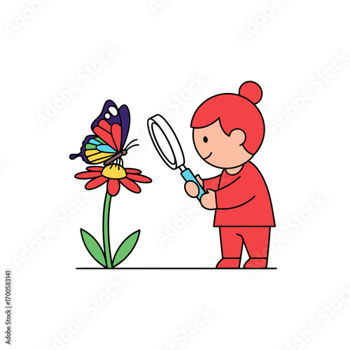 Child Observing Butterfly with Magnifying Glass