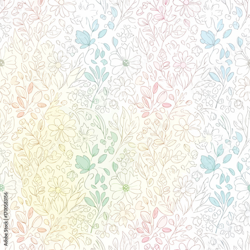 Delicate floral pattern with pastel hues and fine line art in a seamless design, patern seamless, Stock royalty free.