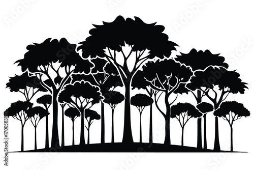 Silhouette of Forest Trees Dense Woods, Dark Foliage, Natural Black and White Design