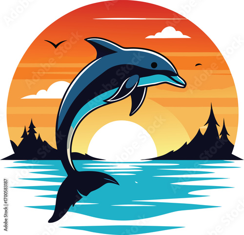 Dolphin leaping out of water at sunset with stylized trees and sun jumping ocean