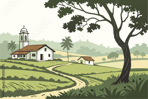 rural landscape with trees and a house