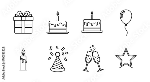 Simple line art icon set for birthday party and festive celebrations