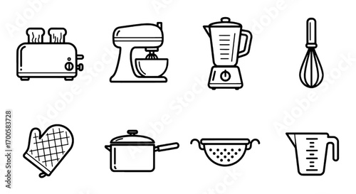 Essential kitchen appliance and utensil outline icon set