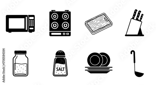 A versatile set of monochrome kitchen essentials and cooking appliances for daily culinary activities
