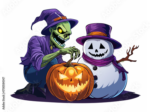 A zombie and a snow man looking at a halloween pumpkin with glowing eyes