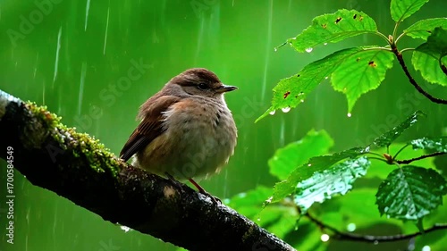 Fluffed Bird Sitting on Tree Branch in Rain – Peaceful Forest Senescence