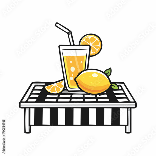 Vector illustration of a refreshing glass of lemonade with fresh lemons on a striped sun lounger, a perfect summer vacation concept