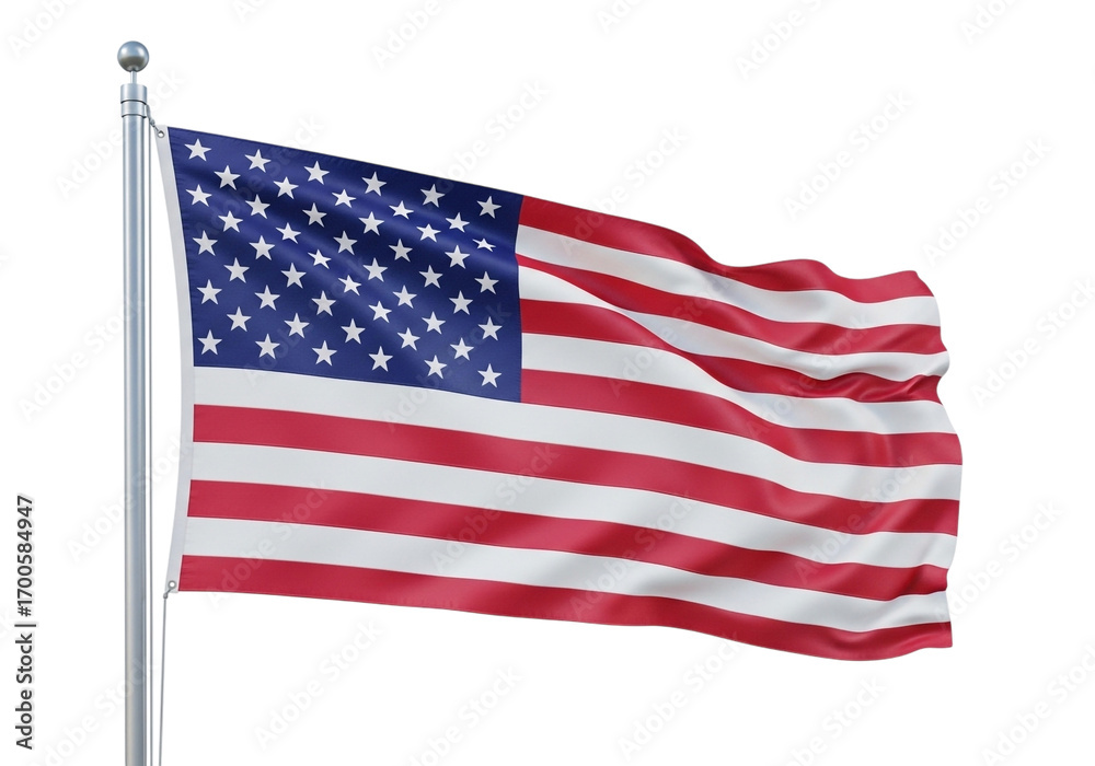 Fototapeta premium American flag waving on a flagpole isolated on transparent background