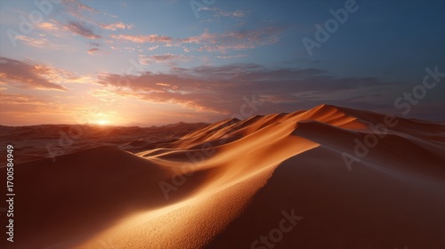 Fototapeta Naklejka Na Ścianę i Meble -  Vast desert landscape with towering sand dunes under a colorful sunset sky