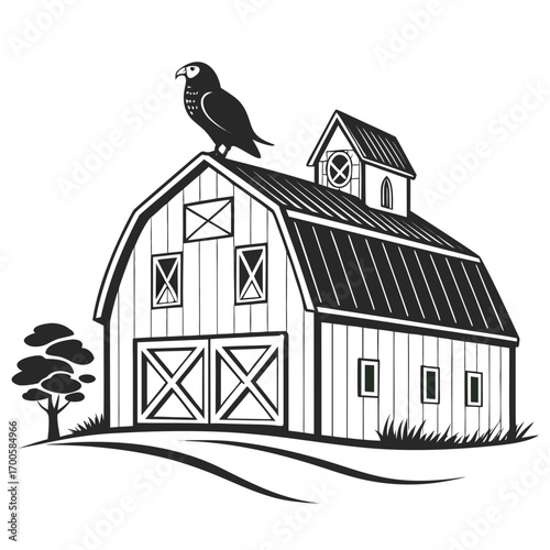 Silhouette of a barn with a hawk perched on top and a tree nearby