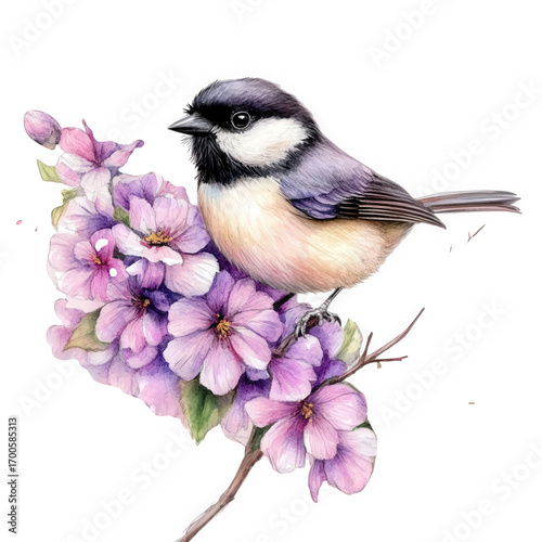 A great tit bird perched on a branch with purple flowers isolated on transparent background
