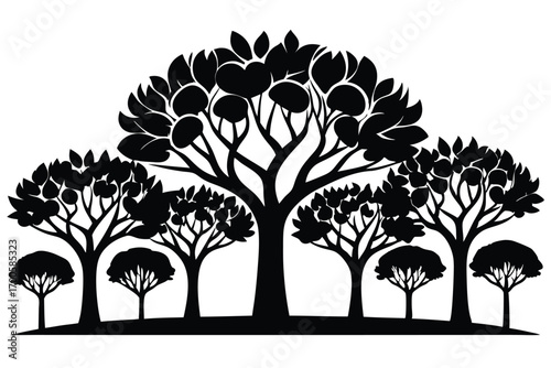 Silhouette Illustration Featuring a Group of Diverse Trees and Leaf Shapes in Black