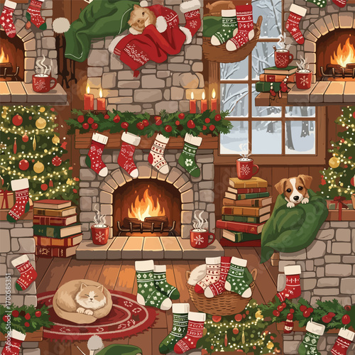 Cozy Christmas illustration featuring animals and stockings in a festive room, patern seamless, Stock royalty free.
