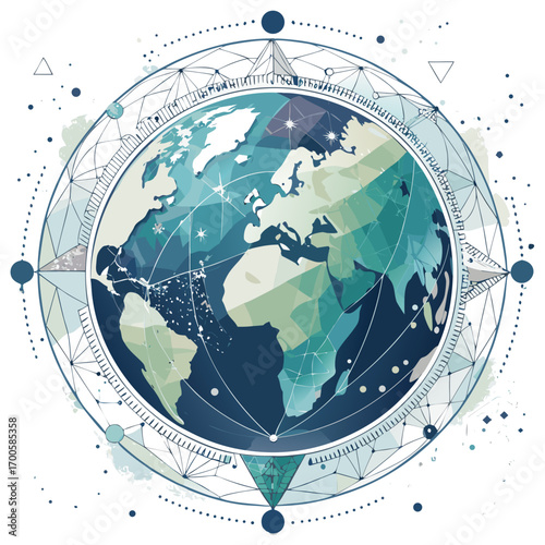Vector Illustration of Earth with Four Main Direction Arrows Compass Navigation Design