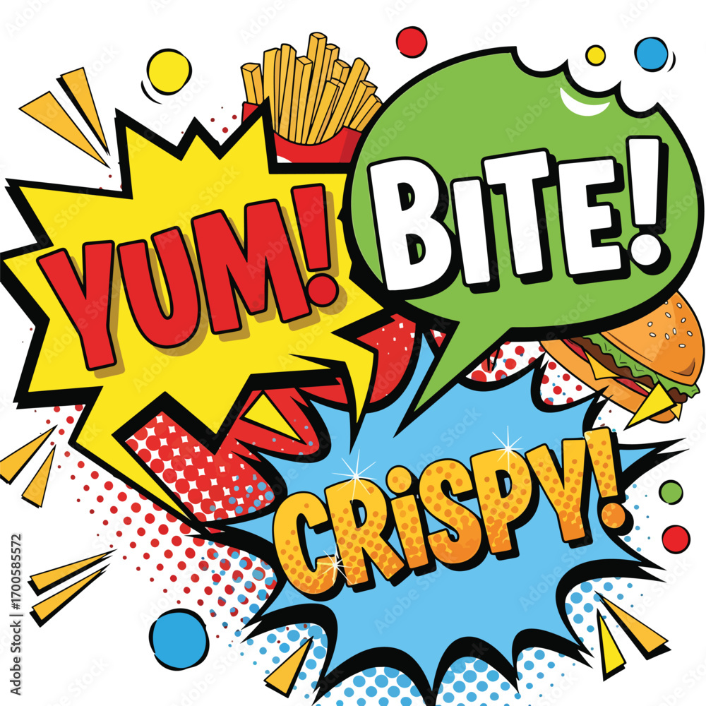 Fototapeta premium Comic book style food explosion with burger, fries, and expressions like yum bite, seamless pattern, Stock royalty free image.