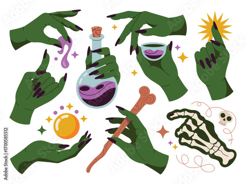 A curated collection of isolated green witch hands performing various magical acts, a vector design set with potions, spells, and occult symbols