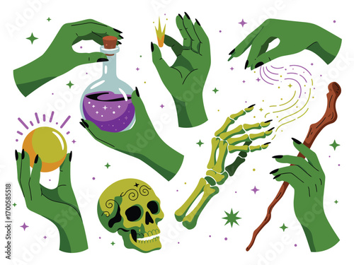 A comprehensive vector set of witch hands and magical elements, including a potion, skull, crystal ball, and skeleton hand for mystical designs