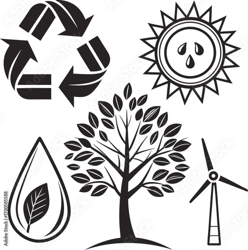 Sustainable living icons representing ecology, renewable energy and environmental conservation