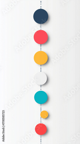 Minimalist vertical timeline: colorful circular nodes aligned along a dotted line on a light background, suggesting process steps or milestones in a clean geometric design