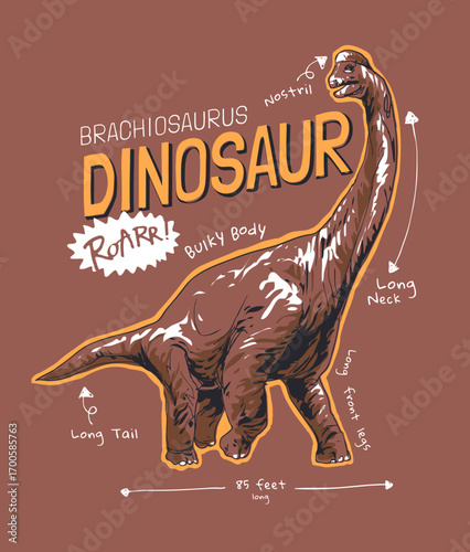 dinosaur slogan with hand drawn long neck dinosaur vector illustration - created by hand drawn