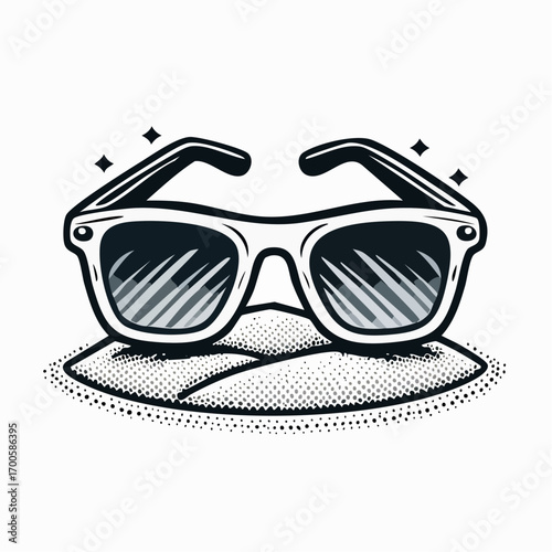 Stylish vintage sunglasses resting on the sand. A cool black and white graphic icon for summer and beach fashion