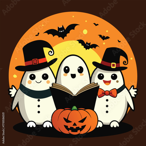 Three adorable cartoon ghosts are standing together holding hands in a playful and friendly illustration