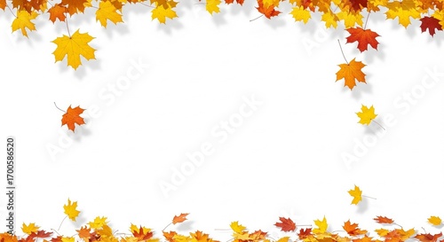 autumn leaves blanket the ground in a sun-drenched park, creating a warm, inviting scene of seasonal beauty and tranquility. Festive autumn decor from pumpkins, berries, leaves on a white background.
