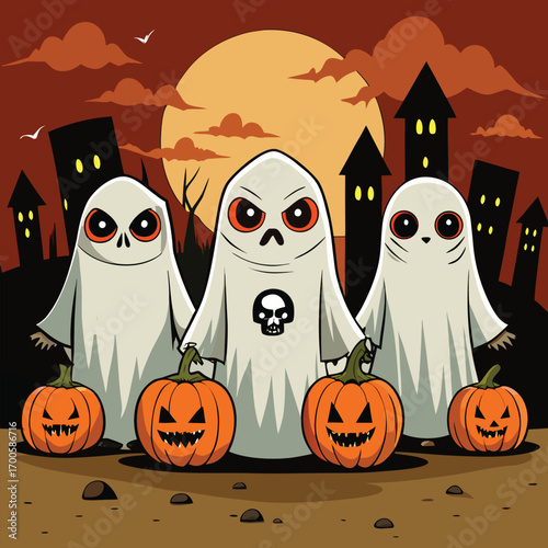 Three playful ghosts in shirts advocating for justice presented as a vibrant vector graphic