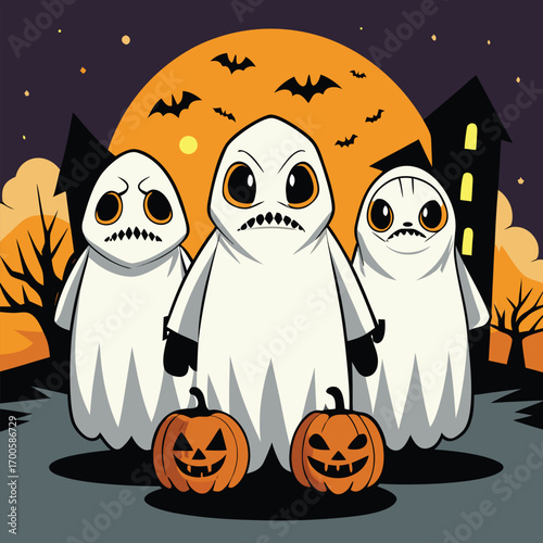 Three cartoon ghosts wearing t shirts with the slogan no justice in a protest or demonstration setting