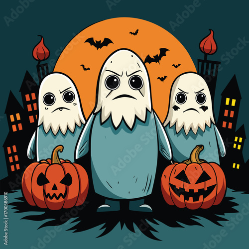 Three cartoon ghosts wearing shirts with no justice text representing protest and social commentary