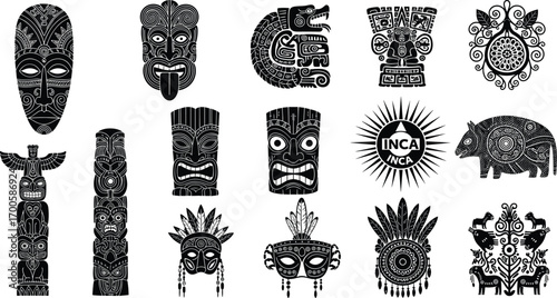 Ancient tribal masks, Inca symbols, totem poles, Aztec designs, indigenous art, tribal patterns, cultural heritage, traditional ornaments, native carvings